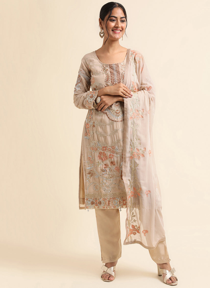 Beige Faux Georgette Embroidered Pant Kameez Suit