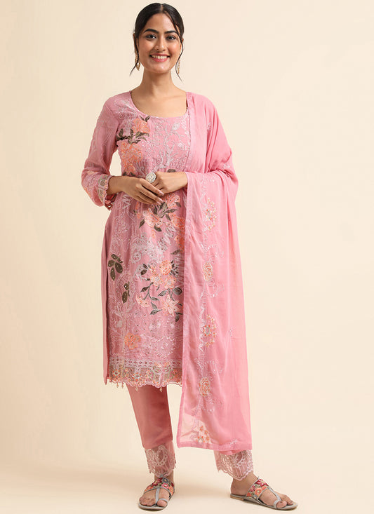 Pink Faux Georgette Embroidered Pant Kameez Suit