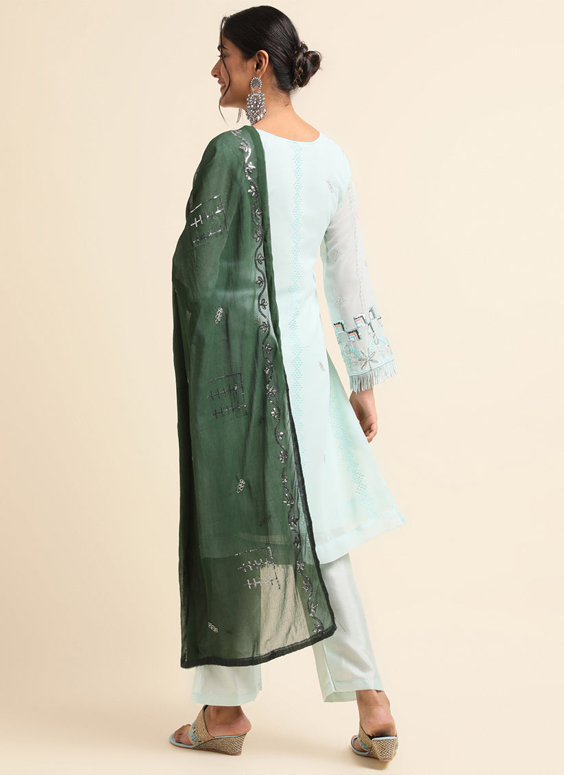 Sky Blue Faux Georgette Embroidered Pant Kameez Suit