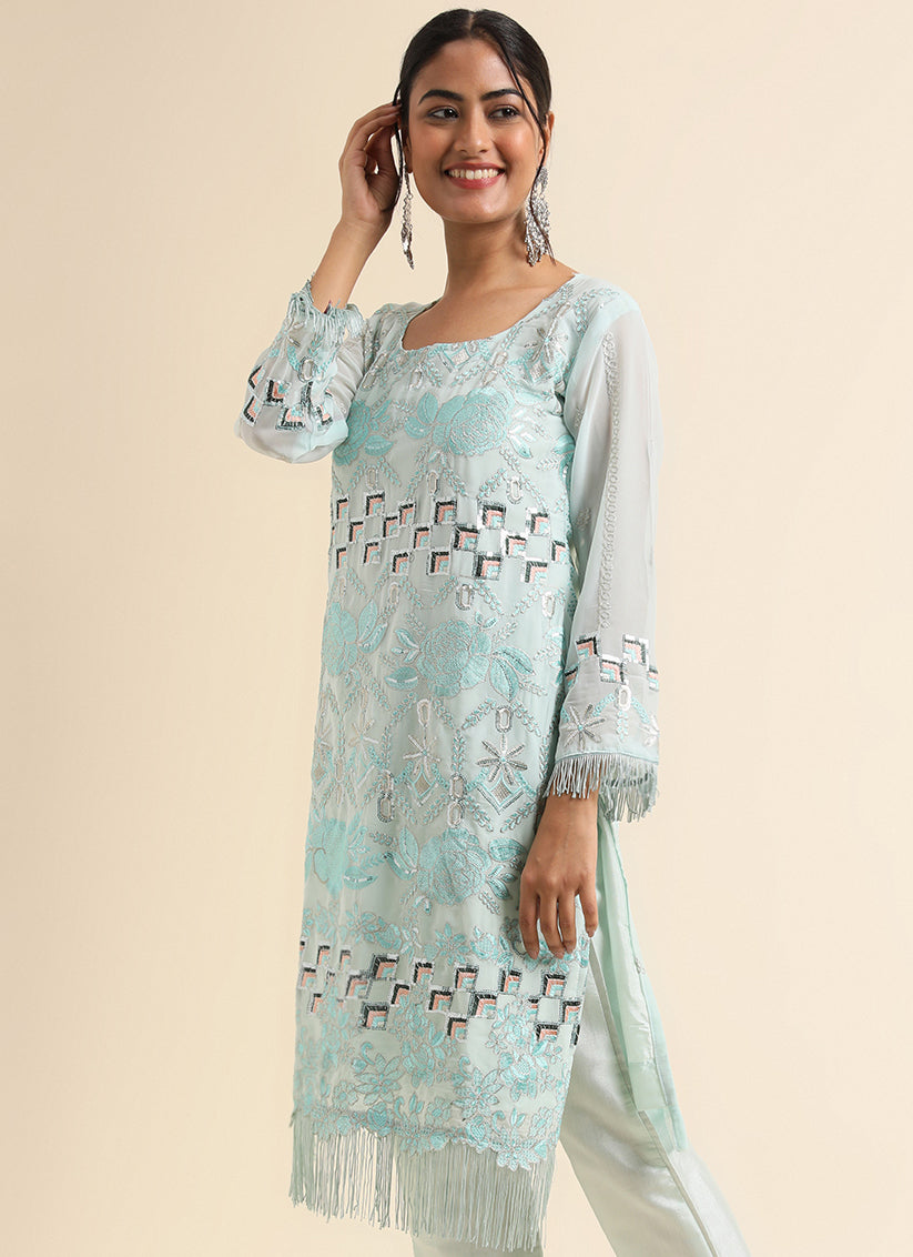 Sky Blue Faux Georgette Embroidered Pant Kameez Suit