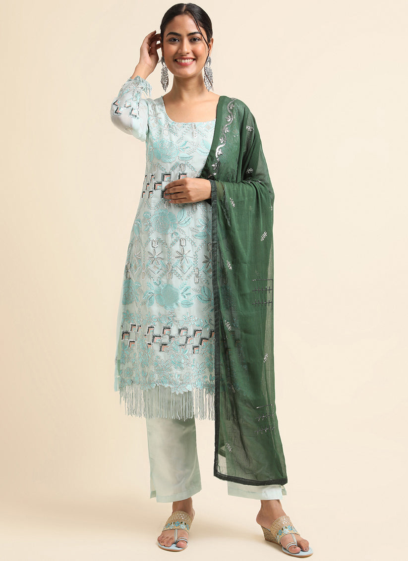 Sky Blue Faux Georgette Embroidered Pant Kameez Suit