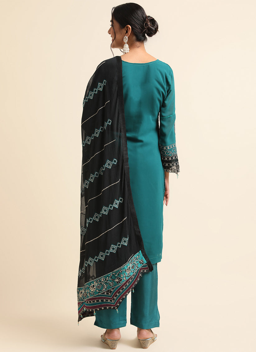 Teal Blue Faux Georgette Embroidered Pant Kameez Suit