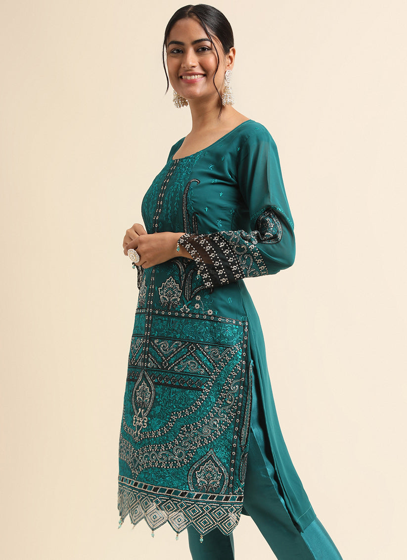 Teal Blue Faux Georgette Embroidered Pant Kameez Suit