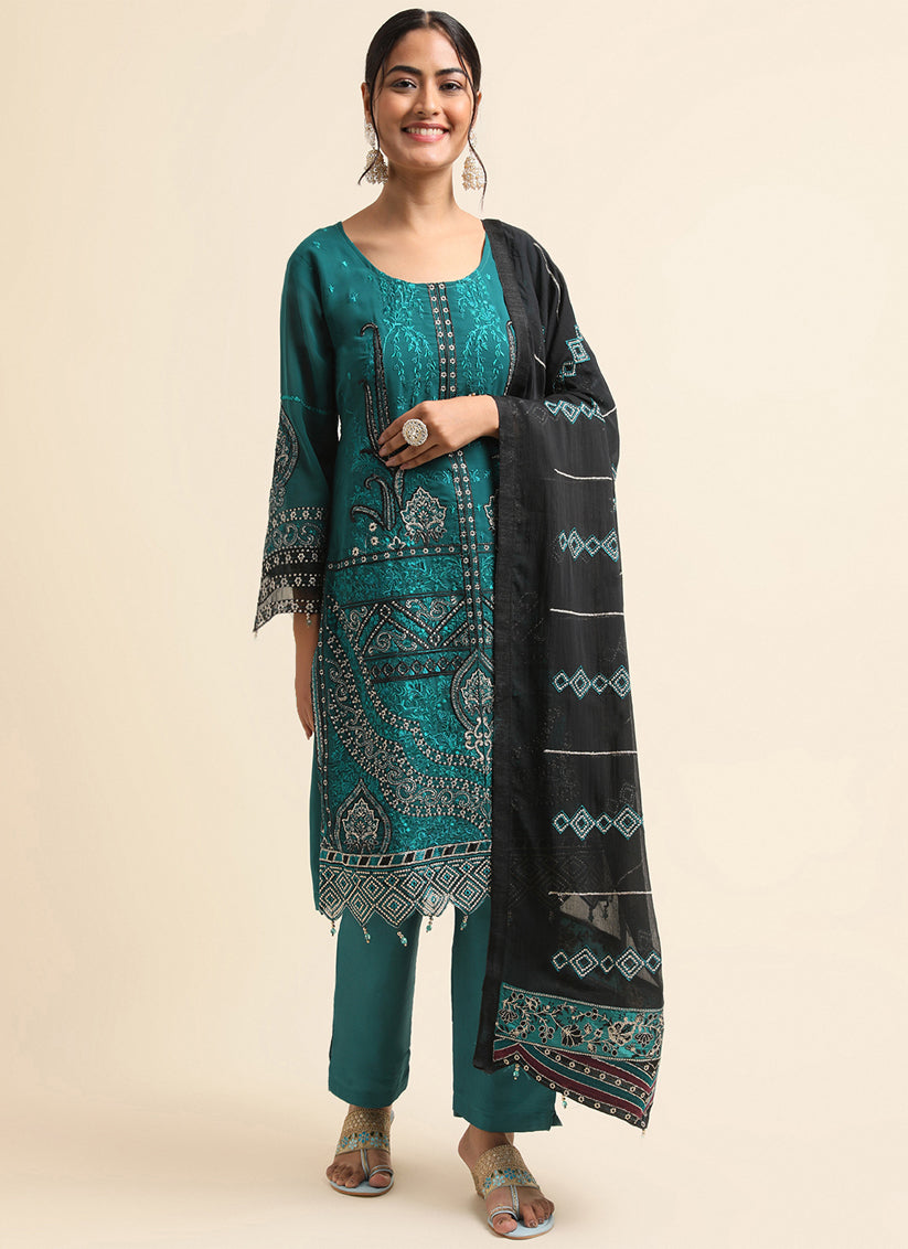 Teal Blue Faux Georgette Embroidered Pant Kameez Suit