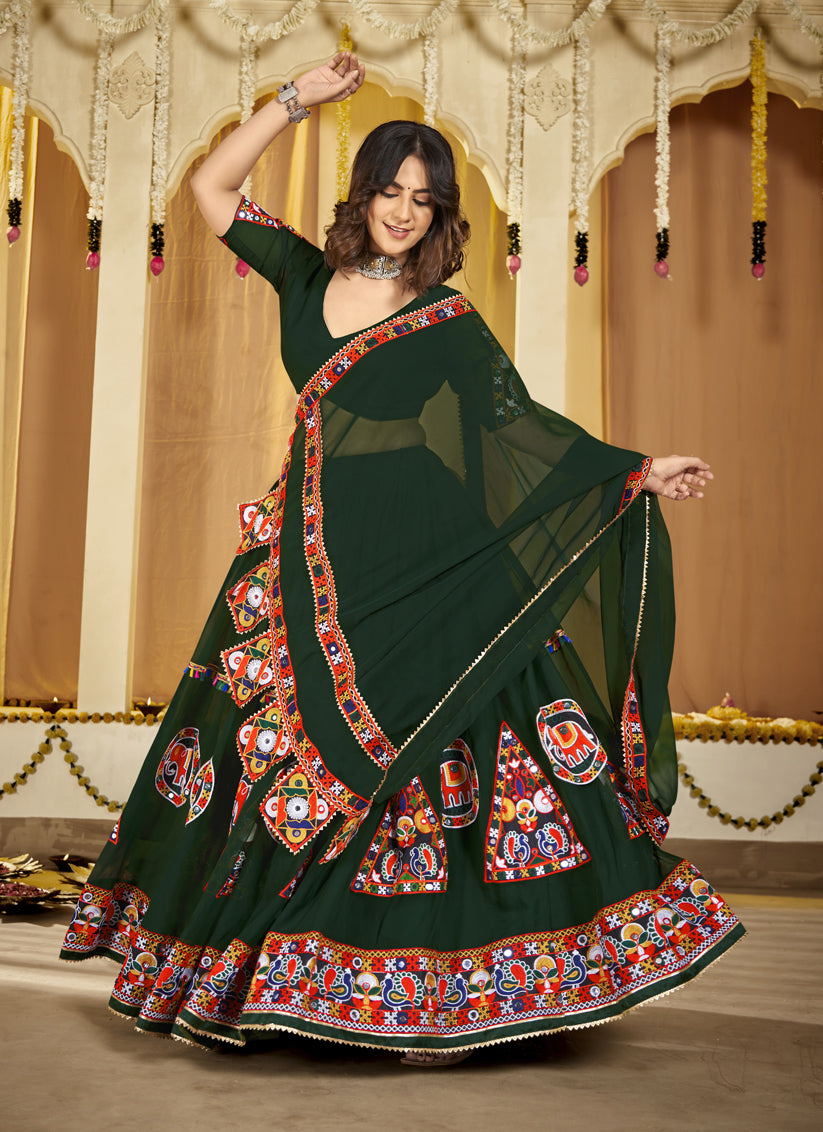 Pine Green Georgette Gamthi Work Chaniya Choli