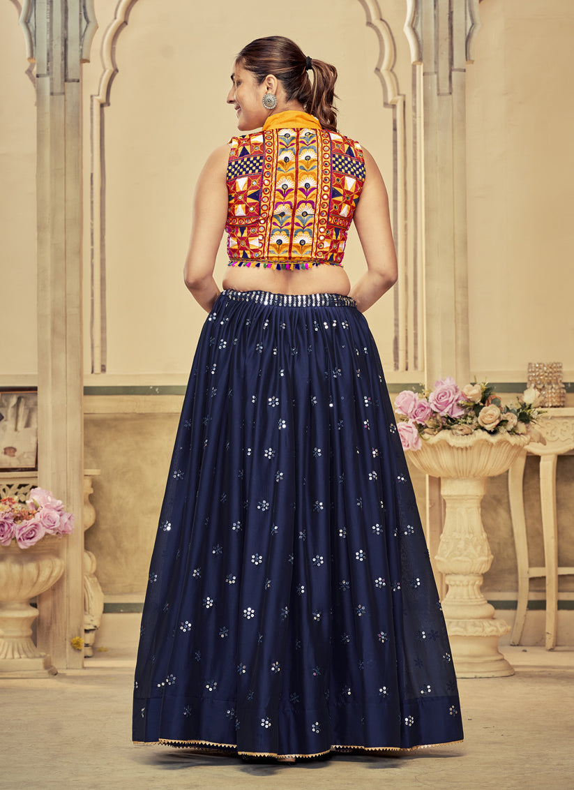 Midnight Blue Silk Embellished Chaniya Choli