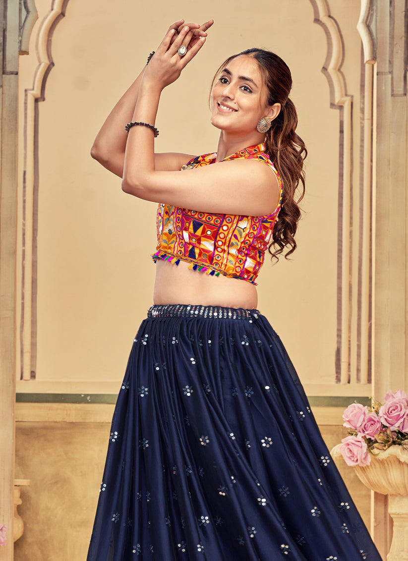 Midnight Blue Silk Embellished Chaniya Choli