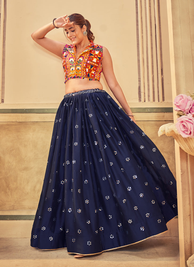 Midnight Blue Silk Embellished Chaniya Choli