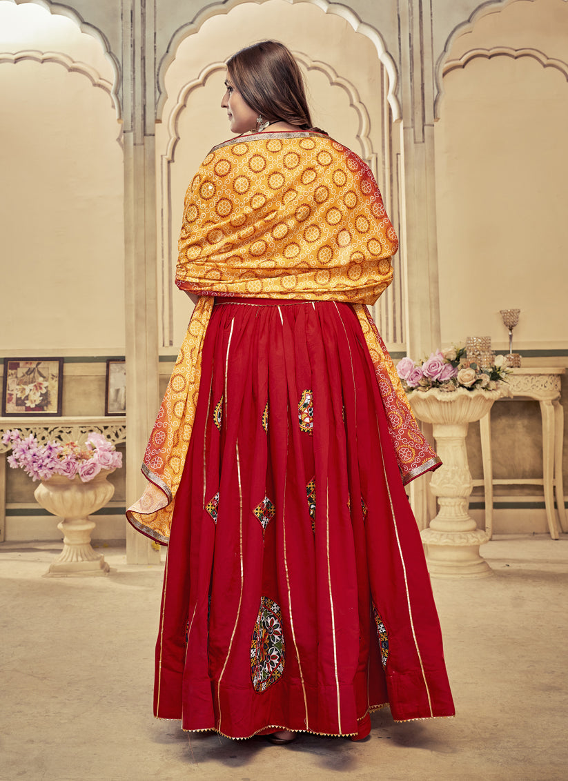 Crimson Red Cotton Silk Gamthi Work Chaniya Choli