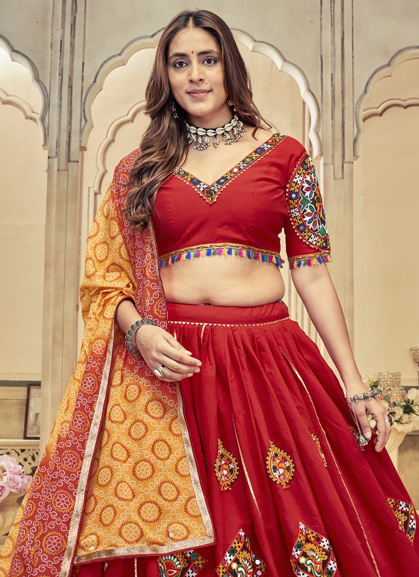 Crimson Red Cotton Silk Gamthi Work Chaniya Choli