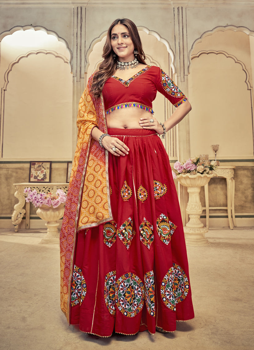 Crimson Red Cotton Silk Gamthi Work Chaniya Choli