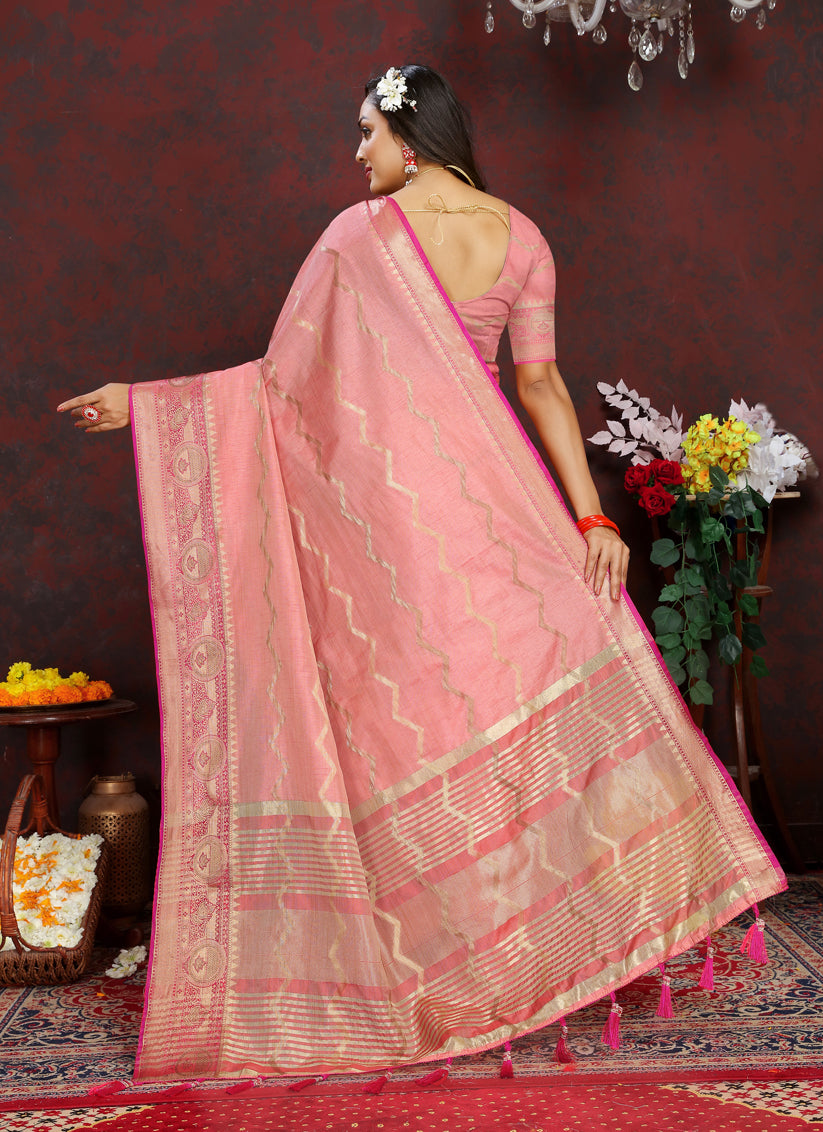 Pink Soft Silk Zari Woven Saree