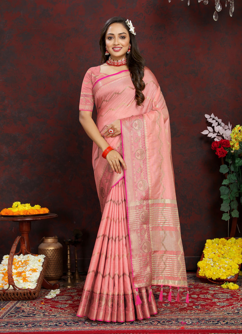 Pink Soft Silk Zari Woven Saree