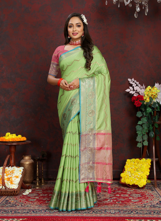 Pista Green Soft Silk Zari Woven Saree