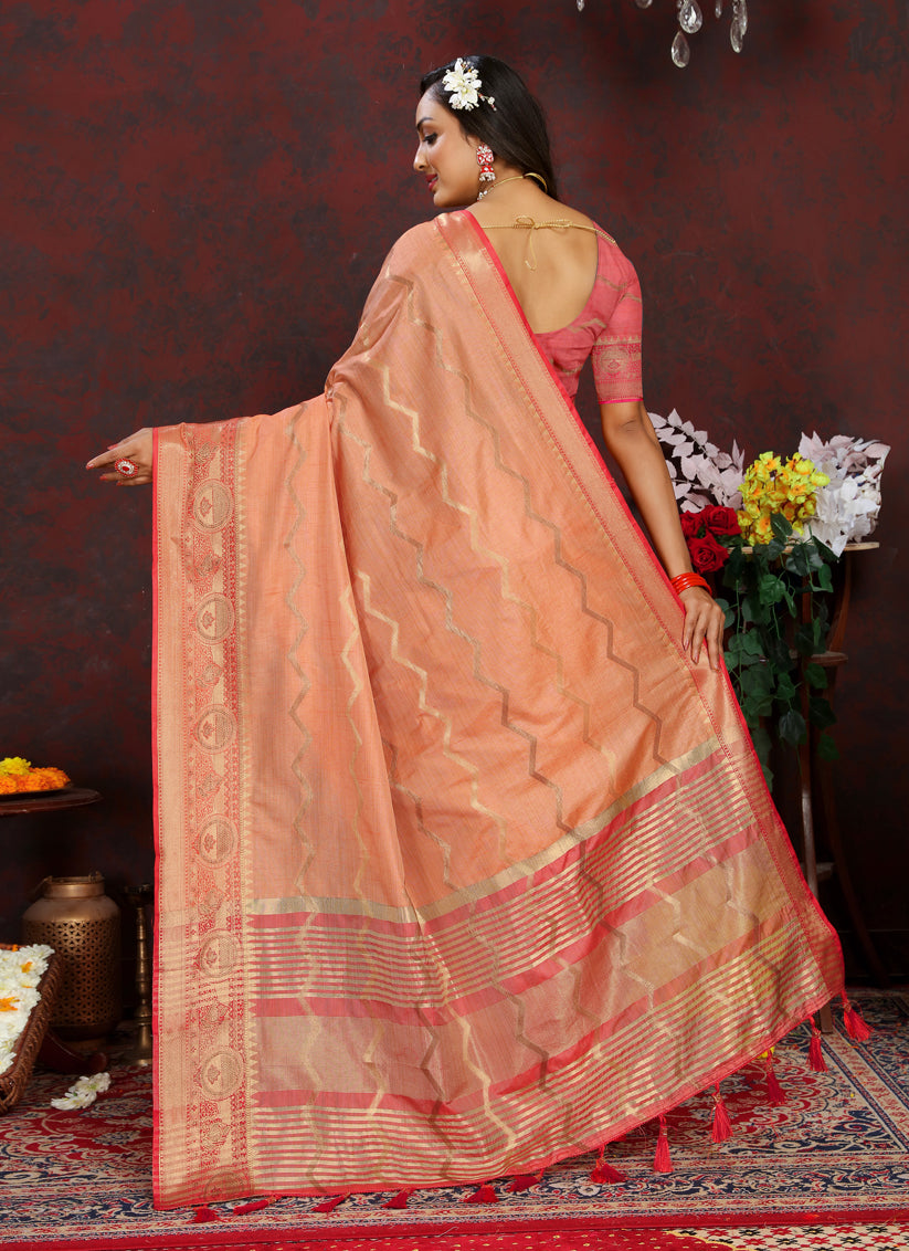 Peach Soft Silk Zari Woven Saree