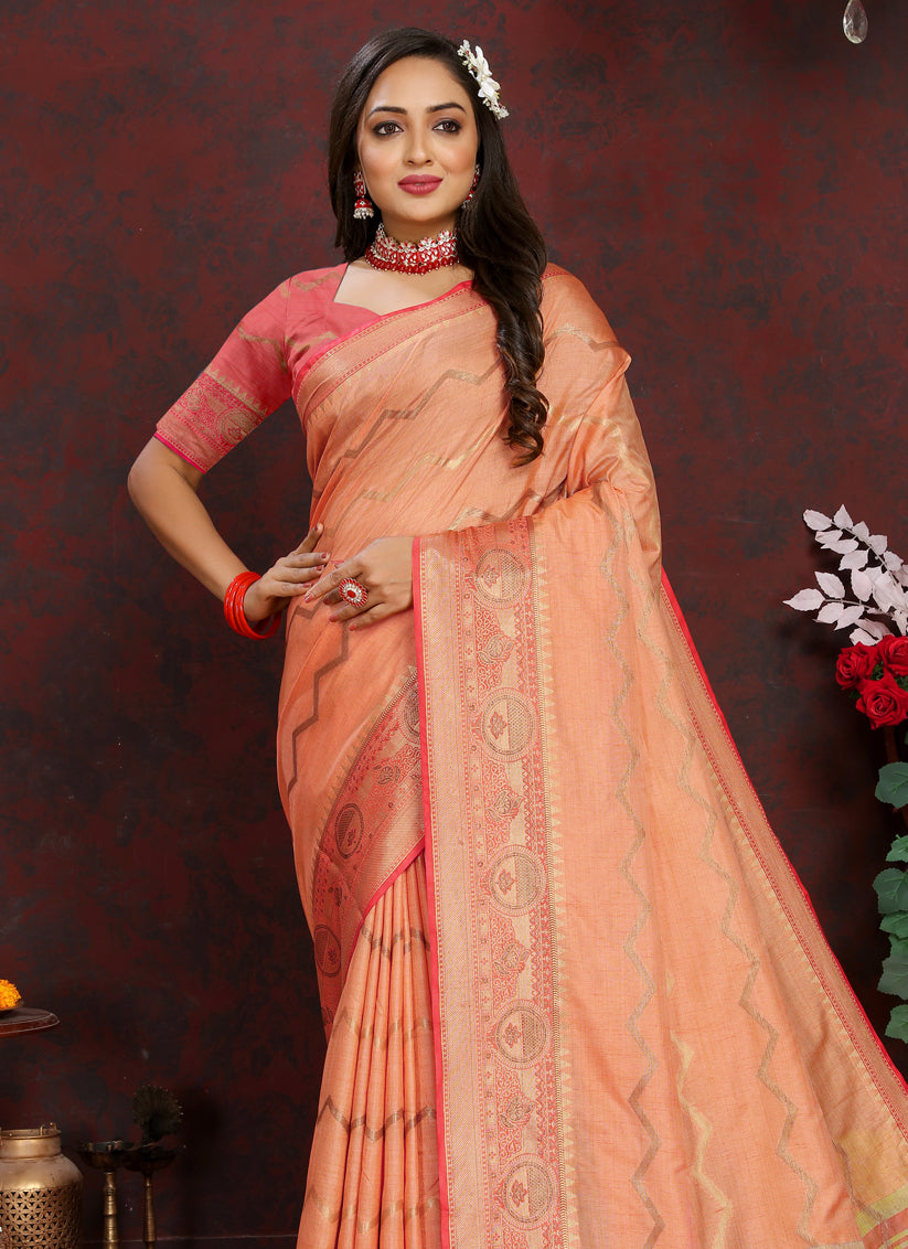 Peach Soft Silk Zari Woven Saree