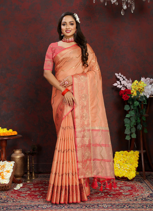 Peach Soft Silk Zari Woven Saree