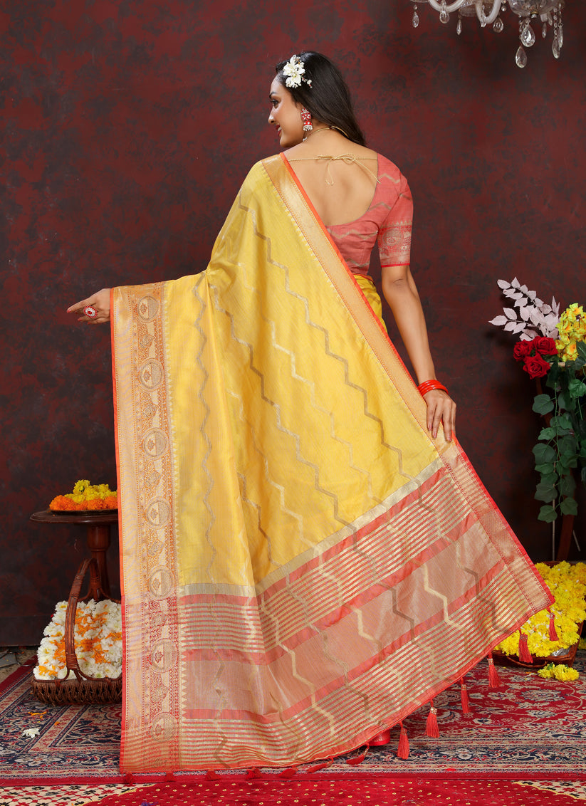 Yellow Soft Silk Zari Woven Saree