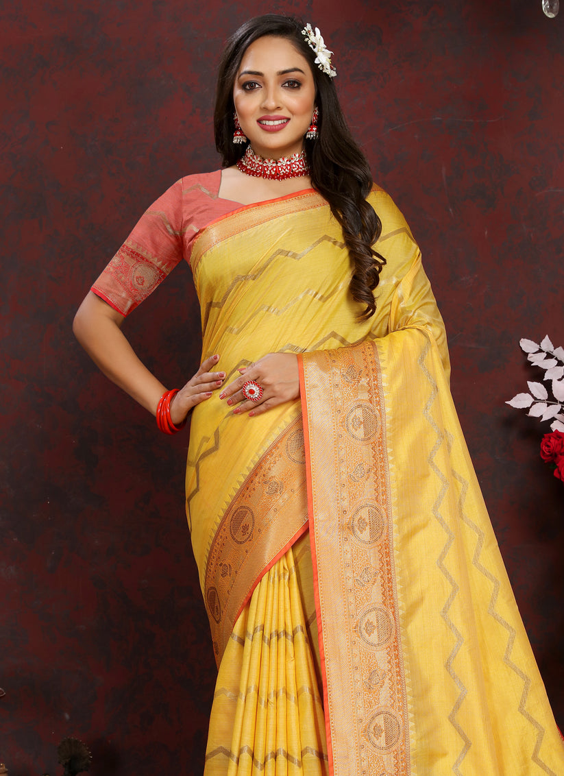 Yellow Soft Silk Zari Woven Saree