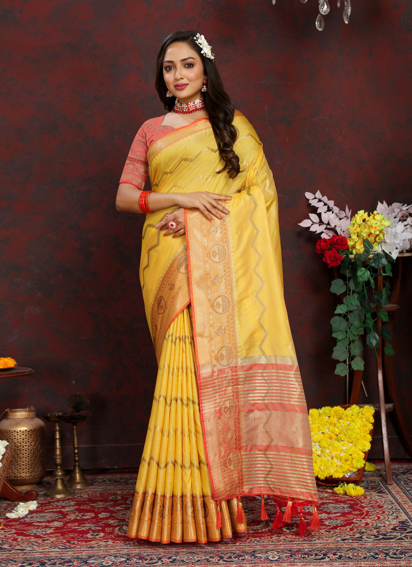 Yellow Soft Silk Zari Woven Saree