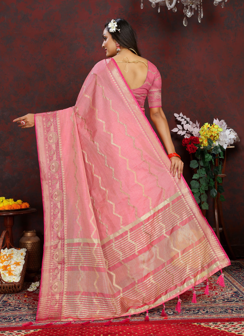 Pink Soft Silk Zari Woven Saree