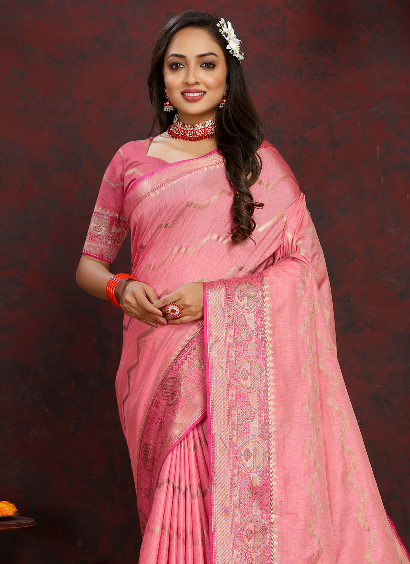 Pink Soft Silk Zari Woven Saree