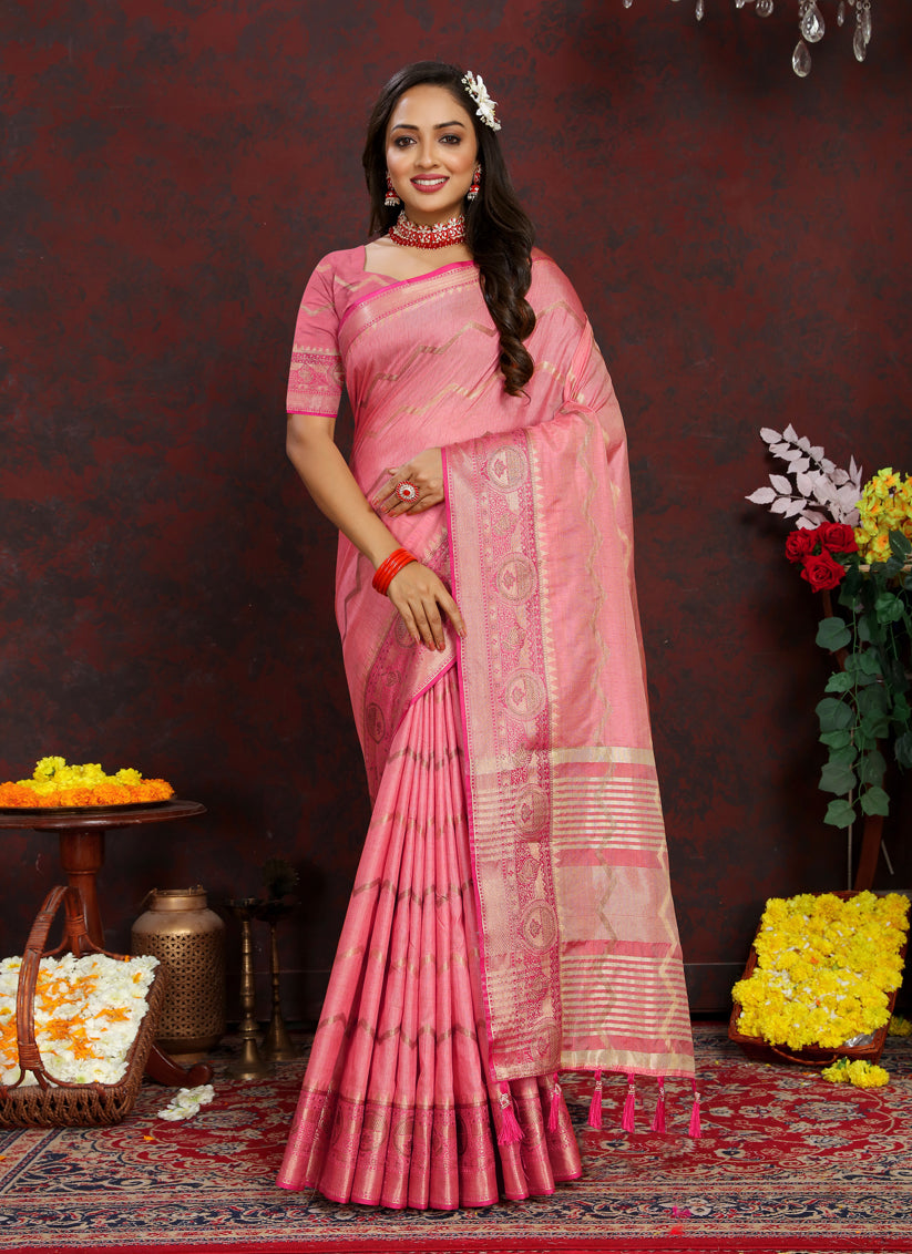 Pink Soft Silk Zari Woven Saree