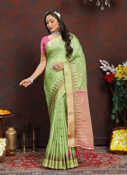 Pista Green Soft Silk Zari Woven Saree