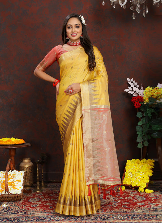 Yellow Soft Silk Zari Woven Saree