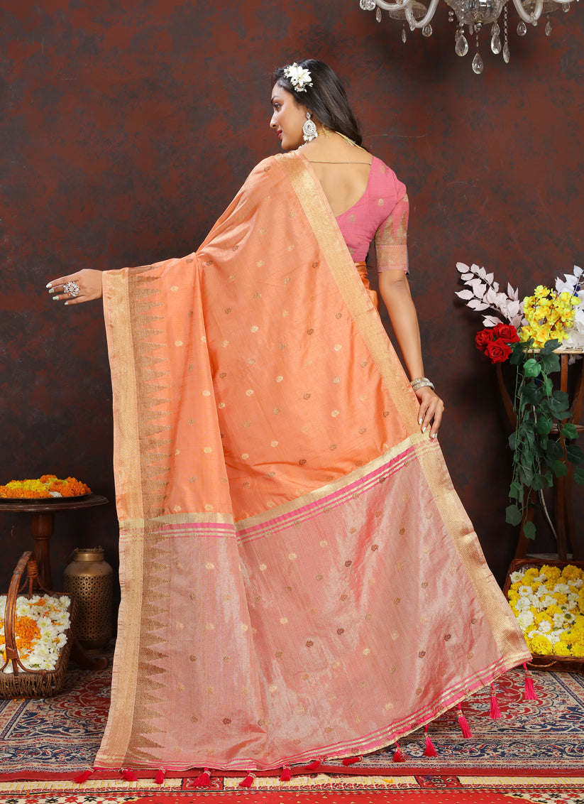 Peach Soft Silk Zari Woven Saree