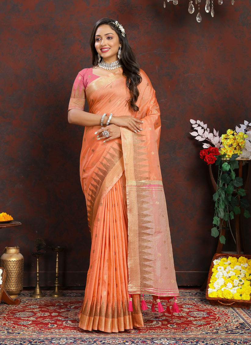 Peach Soft Silk Zari Woven Saree