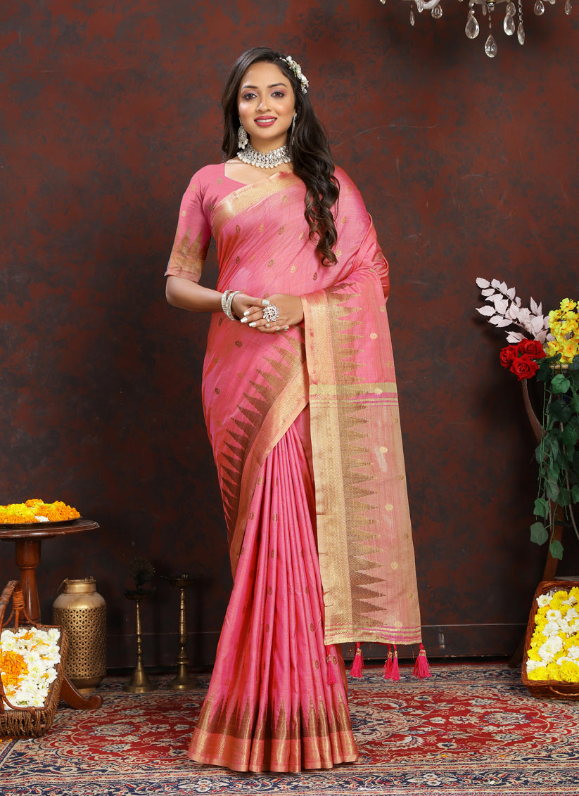 Pink Soft Silk Zari Woven Saree