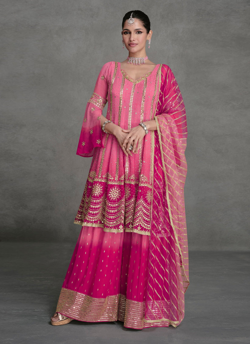 Pink Georgette Embroidered Designer Palazzo Suit