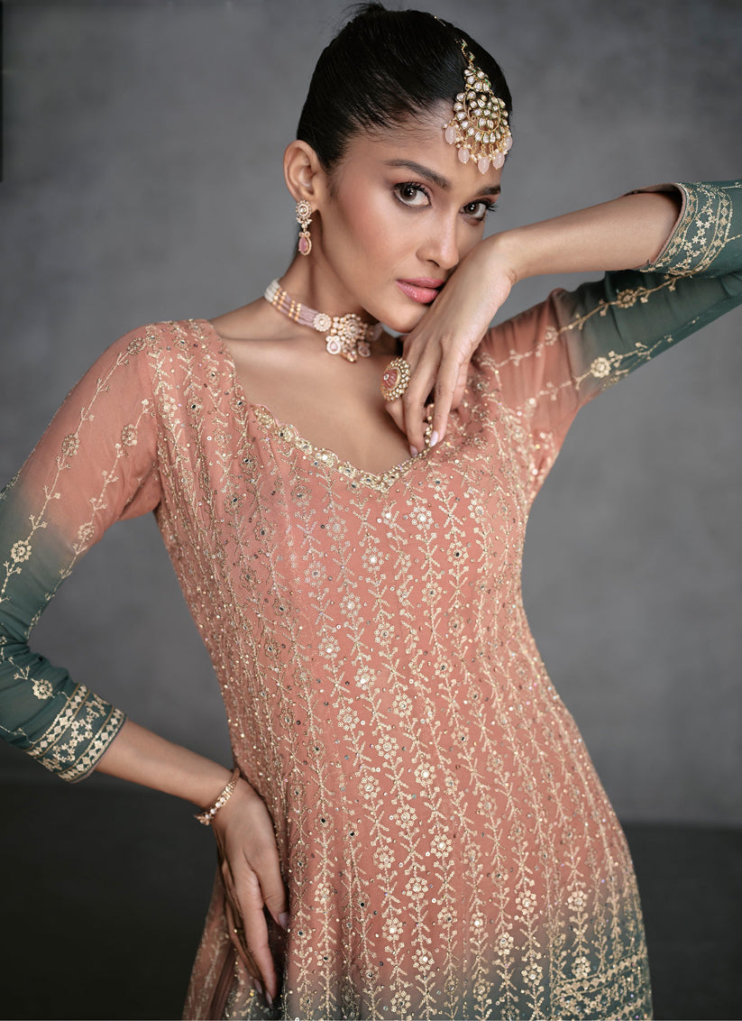 Peach Georgette Embroidered Designer Palazzo Suit