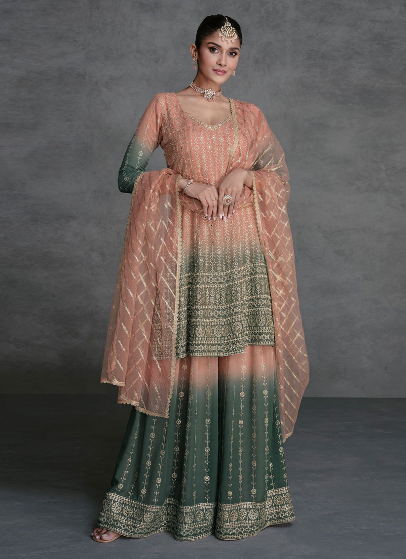 Peach Georgette Embroidered Designer Palazzo Suit