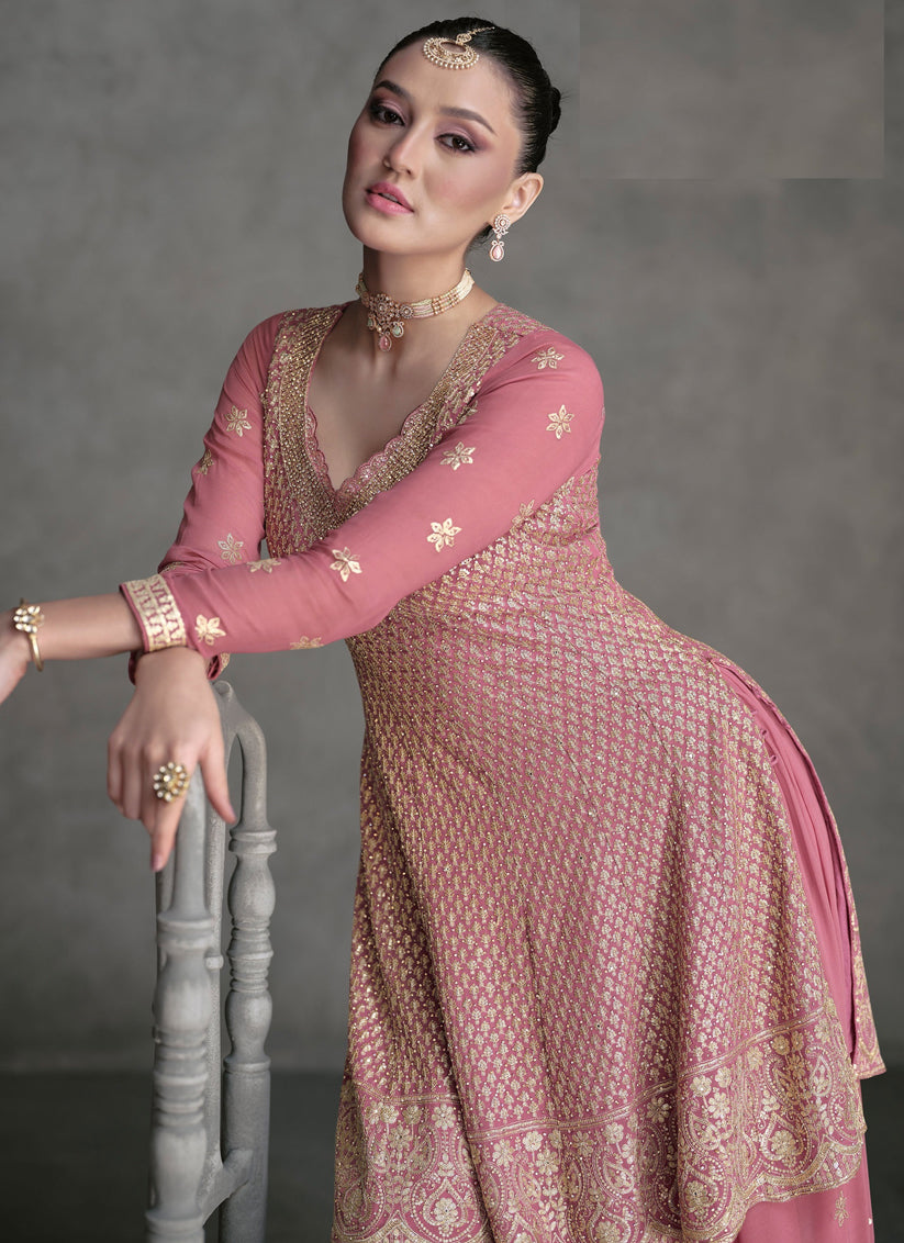 Pink Georgette Embroidered Designer Palazzo Suit