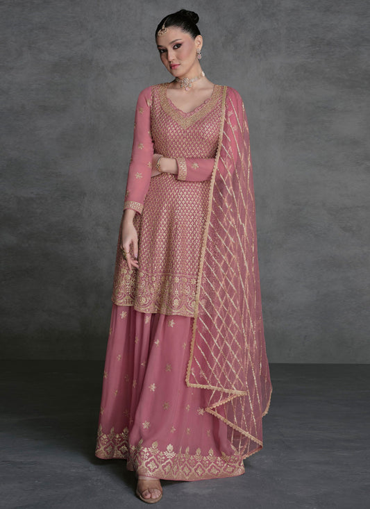 Pink Georgette Embroidered Designer Palazzo Suit