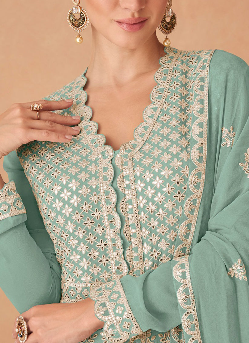 Mint Green Georgette Embroidered Lehenga Kameez