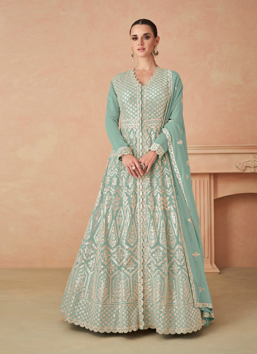 Mint Green Georgette Embroidered Lehenga Kameez