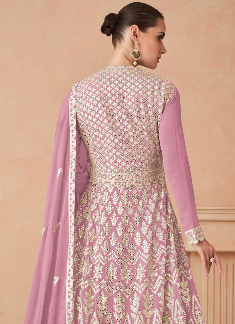 Lilac Pink Georgette Embroidered Lehenga Kameez