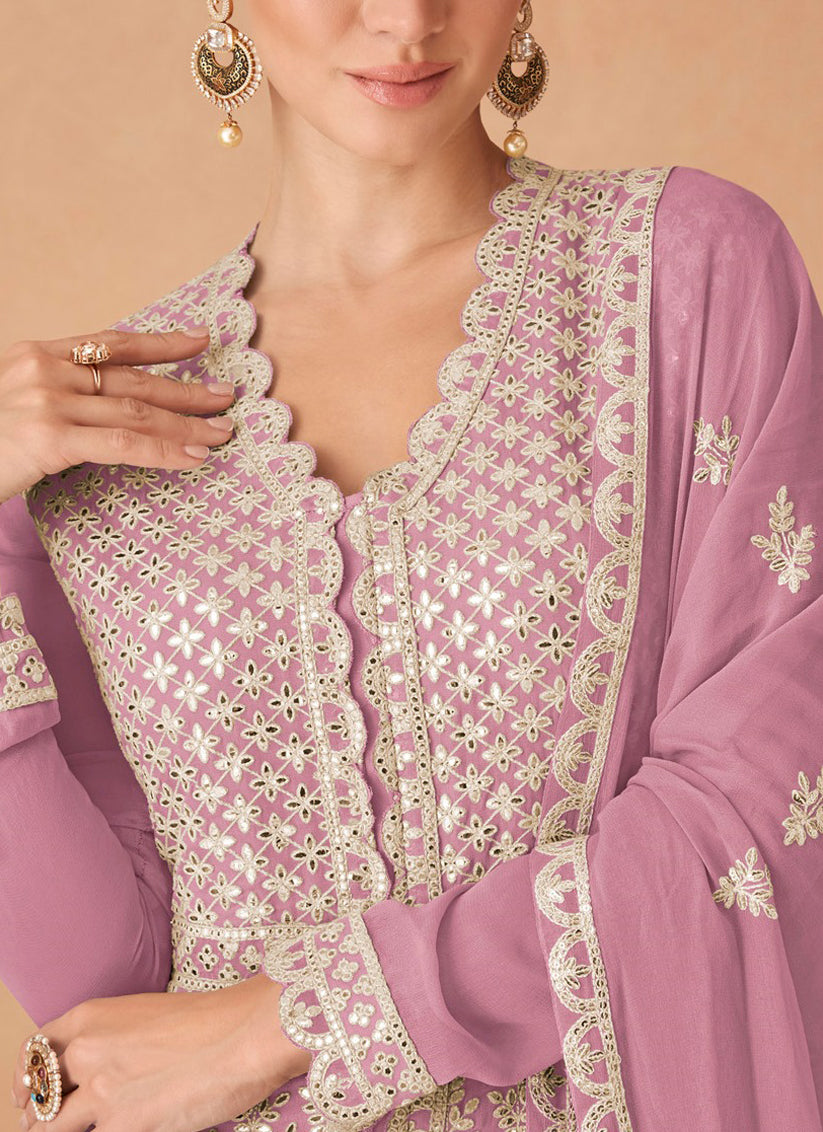 Lilac Pink Georgette Embroidered Lehenga Kameez