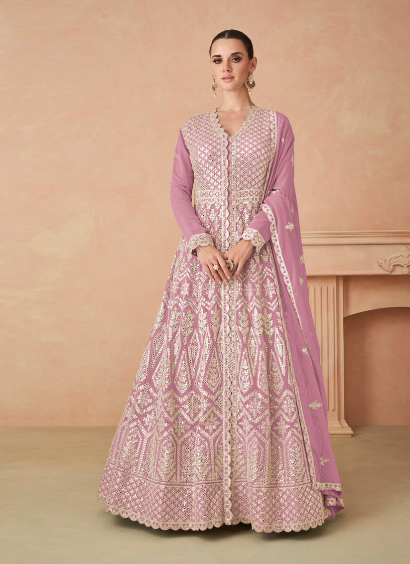 Lilac Pink Georgette Embroidered Lehenga Kameez