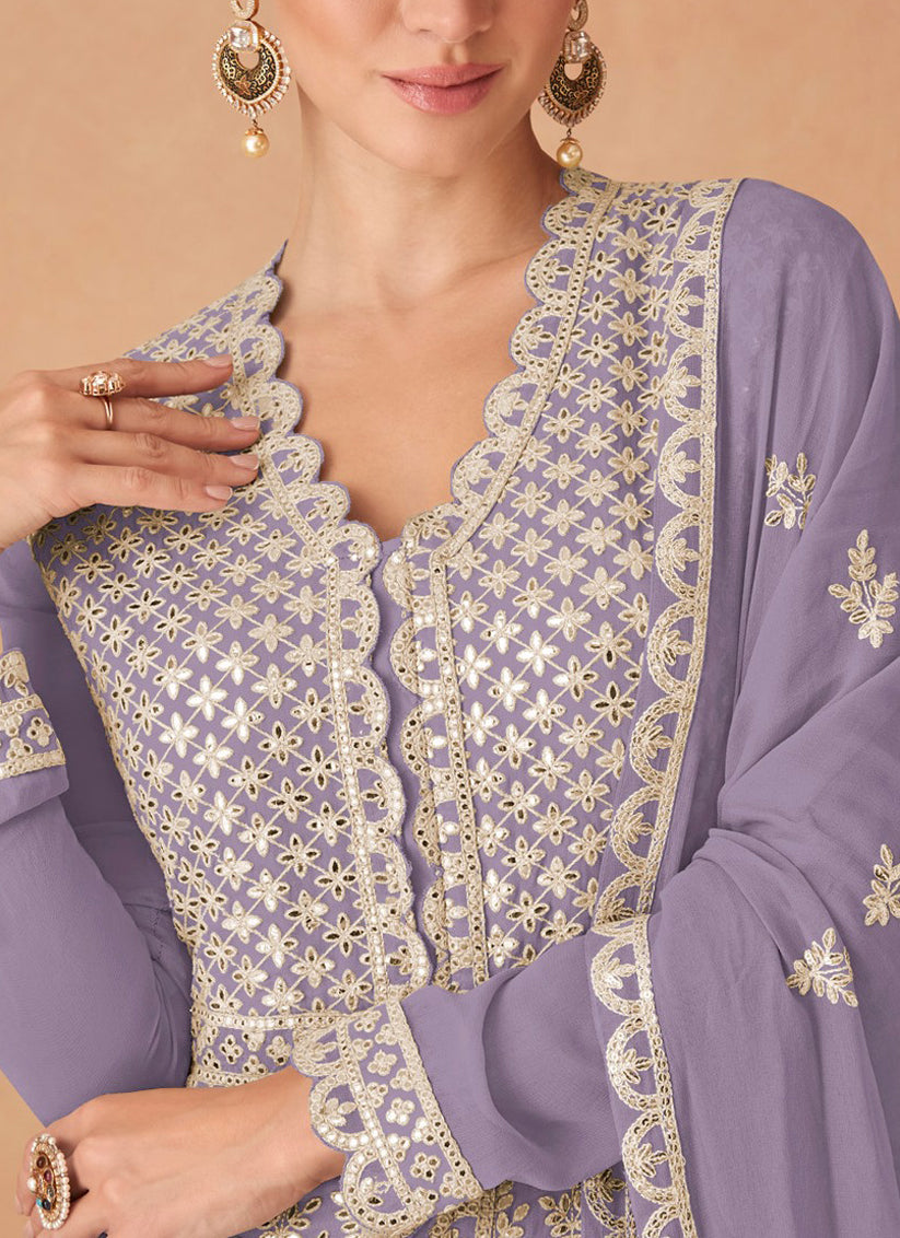 Lilac Purple Georgette Embroidered Lehenga Kameez