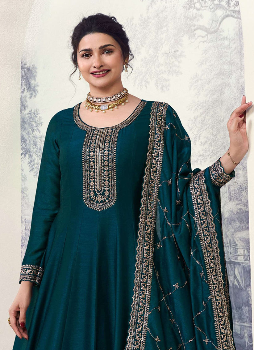 Prachi Desai Peacock Blue Georgette Silk Embroidered Designer Anarkali Dress