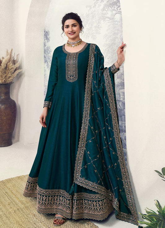 Prachi Desai Peacock Blue Georgette Silk Embroidered Designer Anarkali Dress