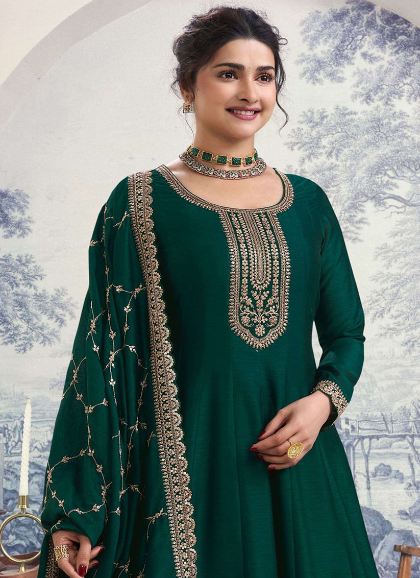 Prachi Desai Pine Green Georgette Silk Embroidered Designer Anarkali Dress