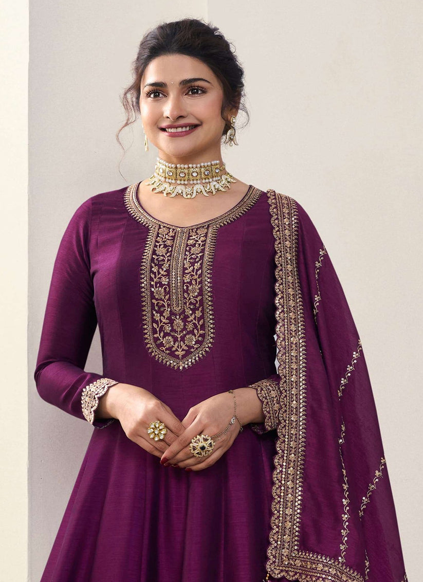 Prachi Desai Wine Georgette Silk Embroidered Designer Anarkali Dress