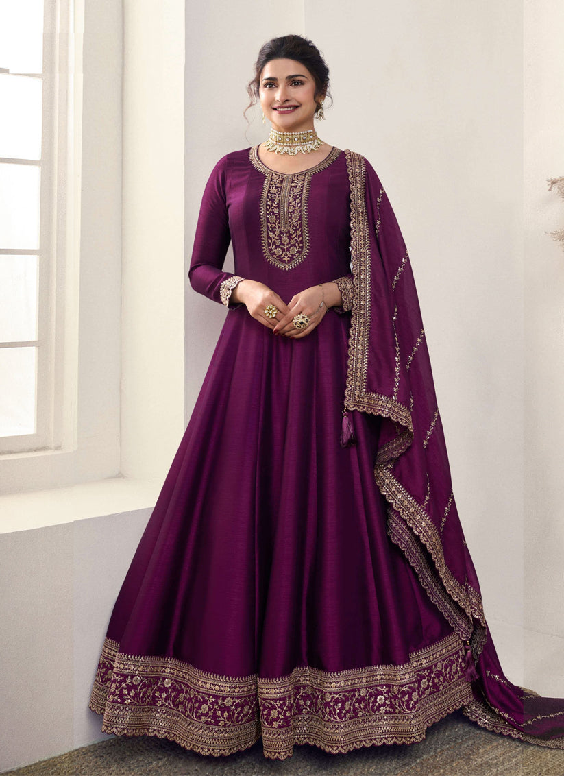 Prachi Desai Wine Georgette Silk Embroidered Designer Anarkali Dress