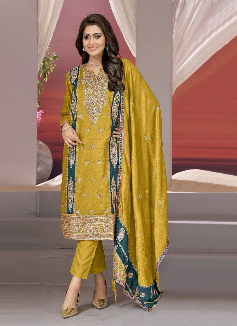 Mustard Yellow Vichitra Embroidered Pant Kameez Suit For Festival