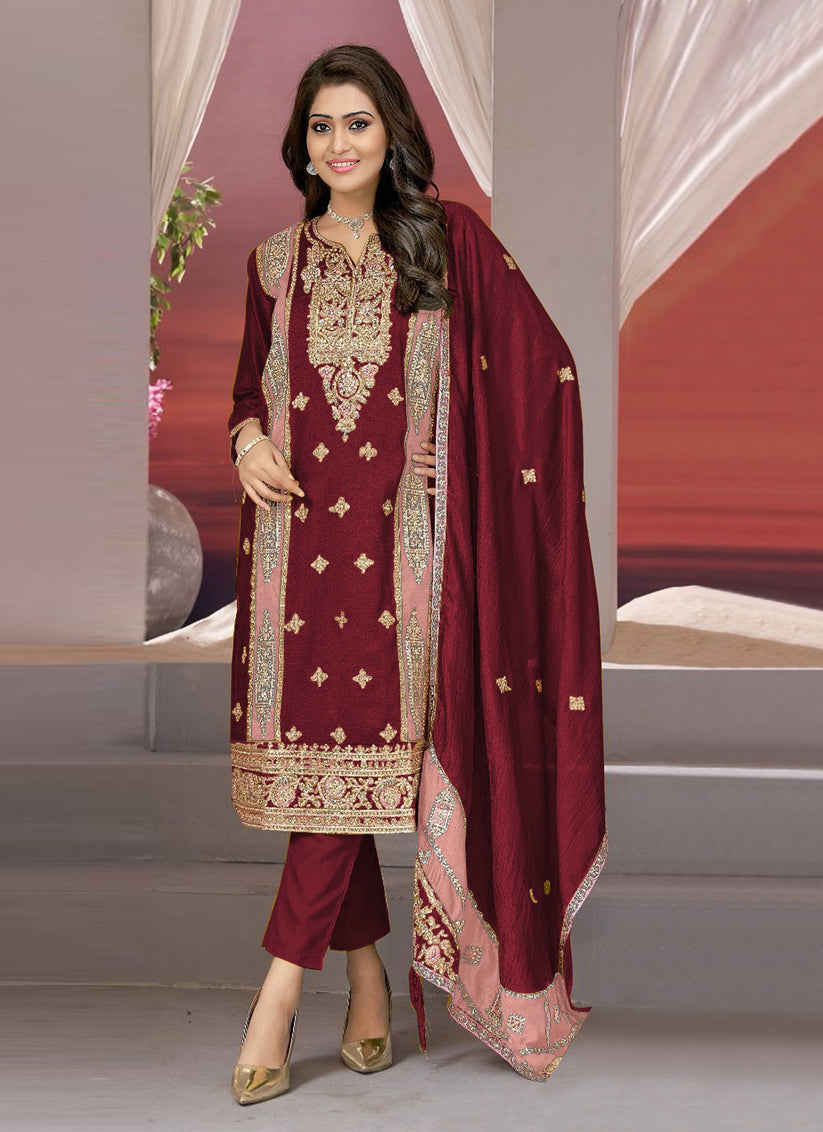 Maroon Vichitra Embroidered Pant Kameez Suit For Festival